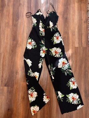 Black Floral Jumpsuit with White & Green Blooms - Size Small